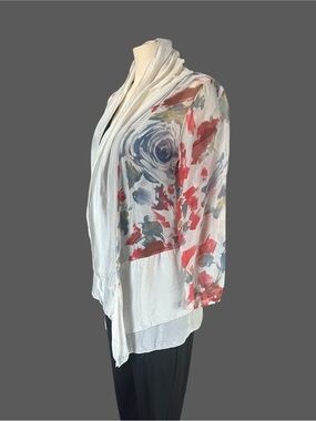 Italian Made silk Sheer Floral Sleeve Open Front Drape Cardigan